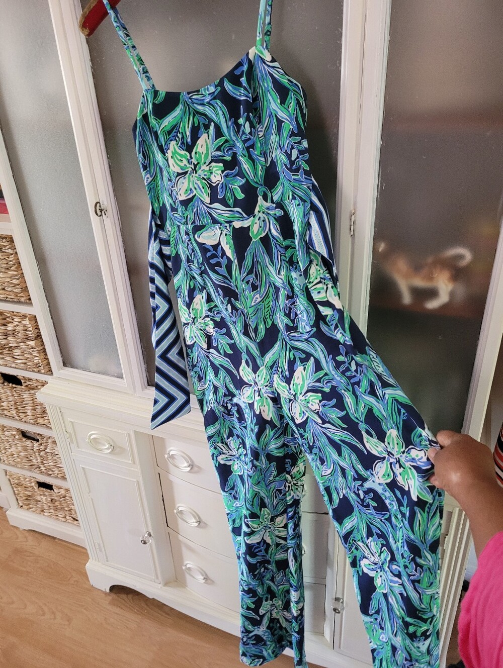 Lilly Pulitzer Blue Green Nila Jumpsuit with striped fabric tie belt wide leg - Picture 4 of 17